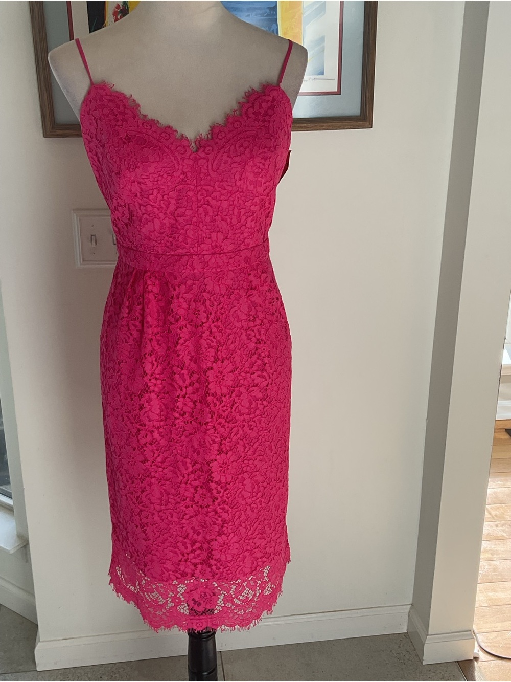 J. Crew Hot Pink Lace Midi Dress with Spaghetti Straps